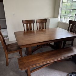 World Market Lugano Mission Style 6 Pcs Solid Wood Dining Set, Table, Bench and 4 Chairs 
