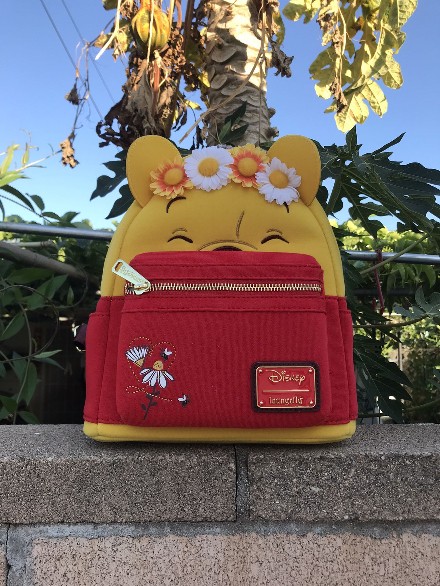 DISNEY LOUNGEFLY WINNIE THE POOH FLORAL CROWN FLOCKED MINI BACKPACK 