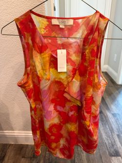 LOFT Watercolor Floral Sleeveless Ruffle V-Neck Top - Red, Pink size Small New