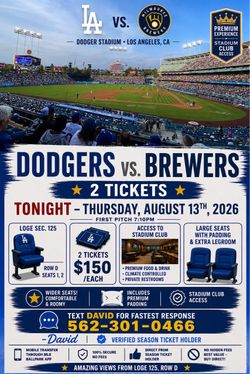 Dodgers v Brewers Thursday  8/13 Loge