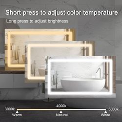 LED Bathroom Mirror with Backlit & Front Light, 48"x24" Anti-Fog, Adjustable Color & Brightness,CRI90+, IP54 Waterproof, Memory Function, Horizontal/V