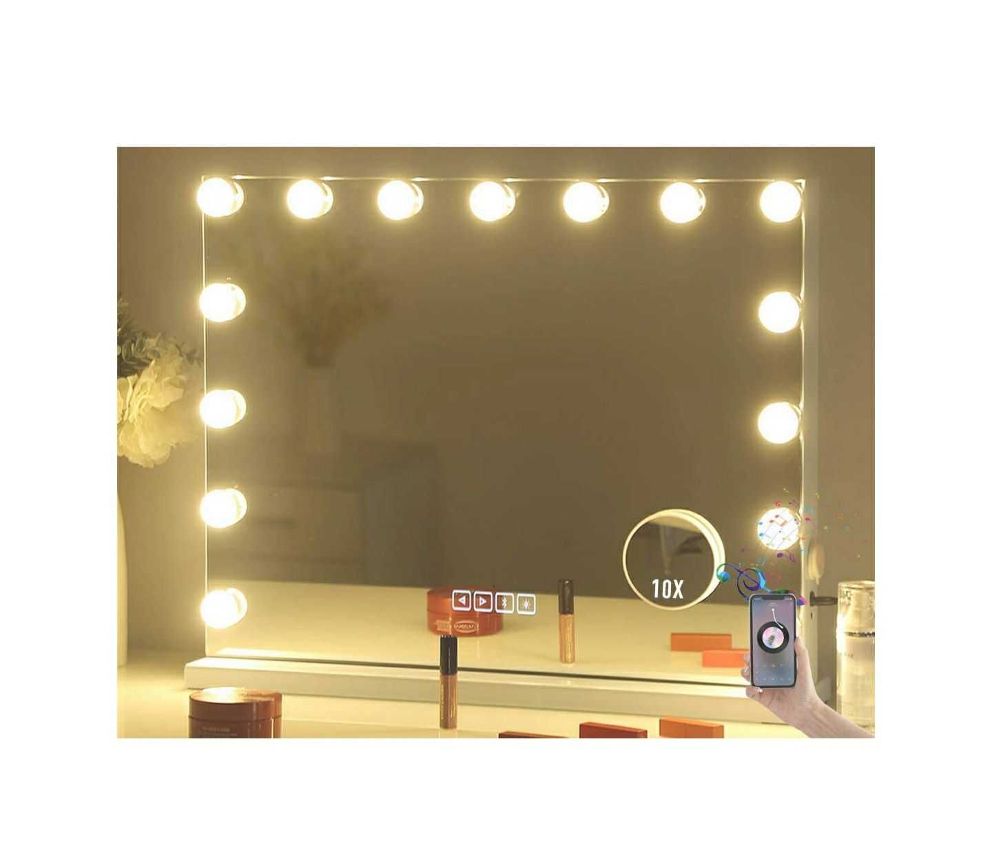 Large Vanity Makeup Mirror with Lights,Bluetooth Hollywood Lighted Dressing Tabletop Mirror&Wall Mounted Beauty Mirrors with 15 pcs Led