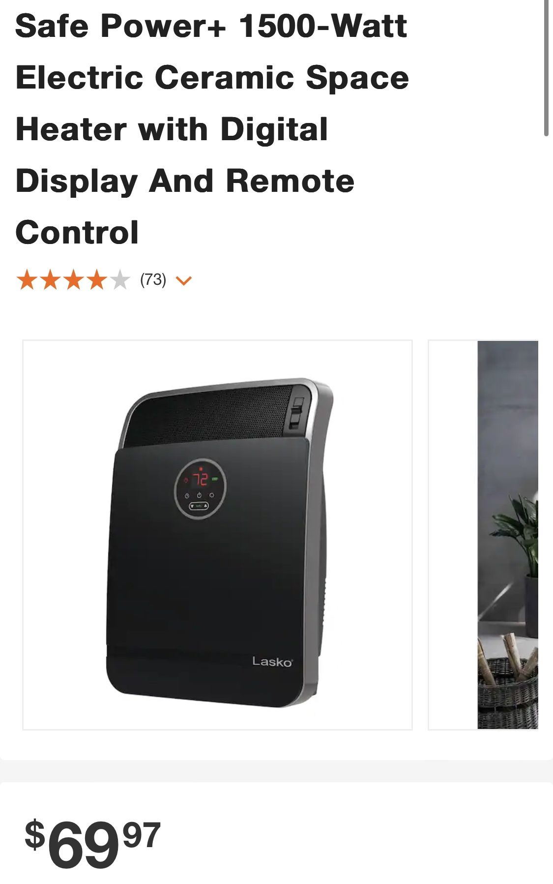 Lasko Safe Power 1500-Watt Electric Ceramic Space Heater, 40% OFF