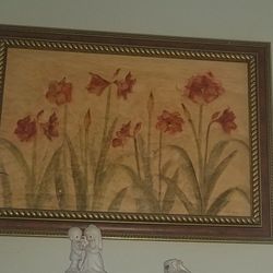 Large red flower painting with gold frame $30