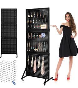 2 x 6 Feet Metal Peg Board Display Stand Locking Wheels, Pegboard Display Stand with 30 Hooks, Standing Pegboard for Christmas Decoration, Retail Stor