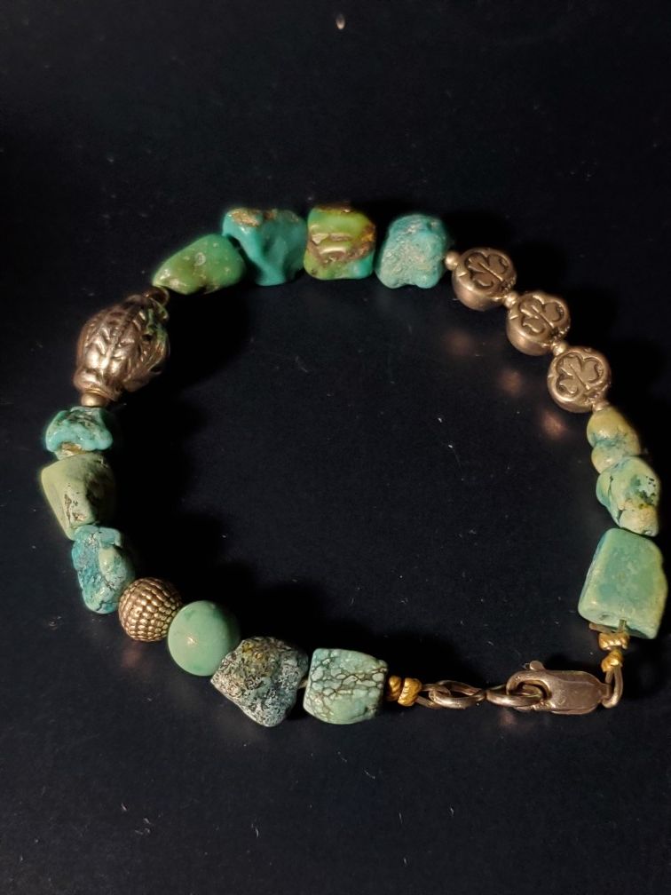 Handmade Turquoise And 925 Sterling Silver Beaded Bracelet