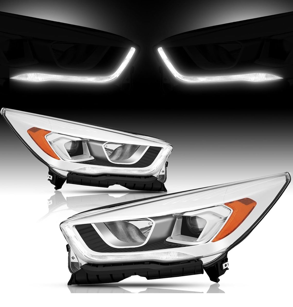 Headlights Assembly compatible with 2017 2018 2019 Ford Escape Halogen Projector Headlamp w/LED DRL Driver+Passenger,Chrome Housing