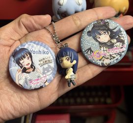 Love Live Sunshine Yohane/Yoshiko Tsushima All Stars and Real Escape Game Collaboration Can Badges and Mini Figure Keychain Bundle - Bandai from Japan