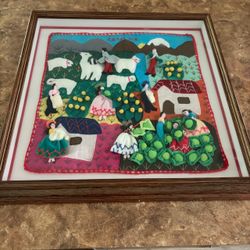 Large Vintage Peruvian Arpillera 3D Folk Art - Custom Framed 24x24"