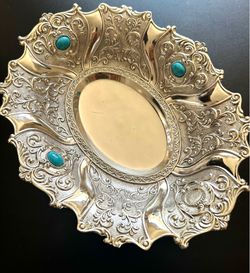 Vintage Metal Cast Decorative Oval Tray - Silver Tone Floral Turquoise Accents