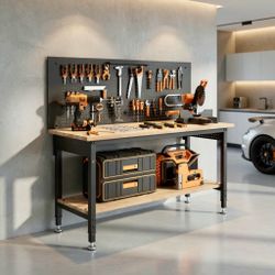 Work Bench Adjustable Height with Storage Shelf, Max Load 2000 LBS Heavy Duty