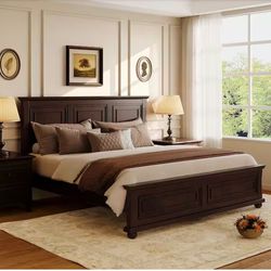 Rich Brown Vintage Style Wood Frame King Size Platform Bed with Sturdy Pinewood Frame and Legs