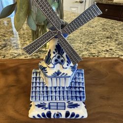 Vintage Delfts Blue Hand Painted Windmill Coin Bank 7" tall