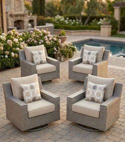 Costco quality patio furniture deep seating cushions oversized aluminum patio swivel chairs Bob's furniture each chair retails $500 research yourself 