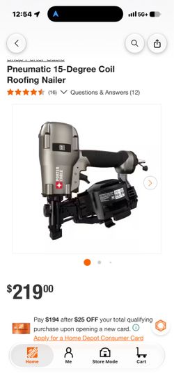 Pneumatic 15-Degree Coil Roofing Nailer