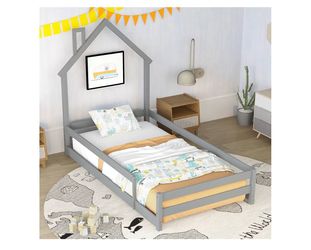 Two Bellemave Twin Size House-Shaped Headboard Floor Bed with Fences, Wooden Montessori Bed for Kids,House Bed Twin Frame for Girls,Boys (Gray)