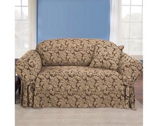 Sure Fit Scroll Brown Loveseat Slipcover.