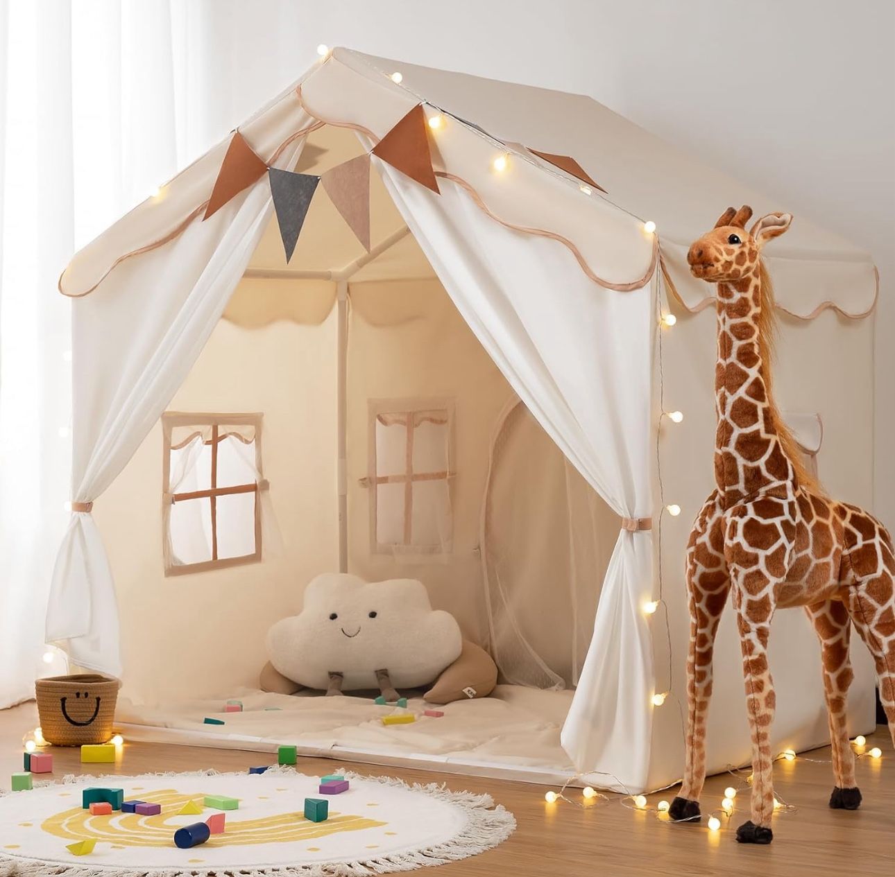 besrey Kids Tent, Kids Playhouse 2 in 1 with Padded Mat and Lights, Large Play Tent with 2 Doors & 4 Windows, Kids Play Tent Indoor & Outdoor, Christm