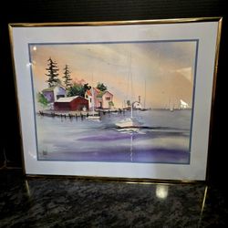 Vintage framed watercolor artwork reproduction titled "Boats in Harbor" by artist Terry Madden. 16"×20"