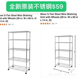 Silver 5 Tier Steel Wire Shelving Unit With Wheels