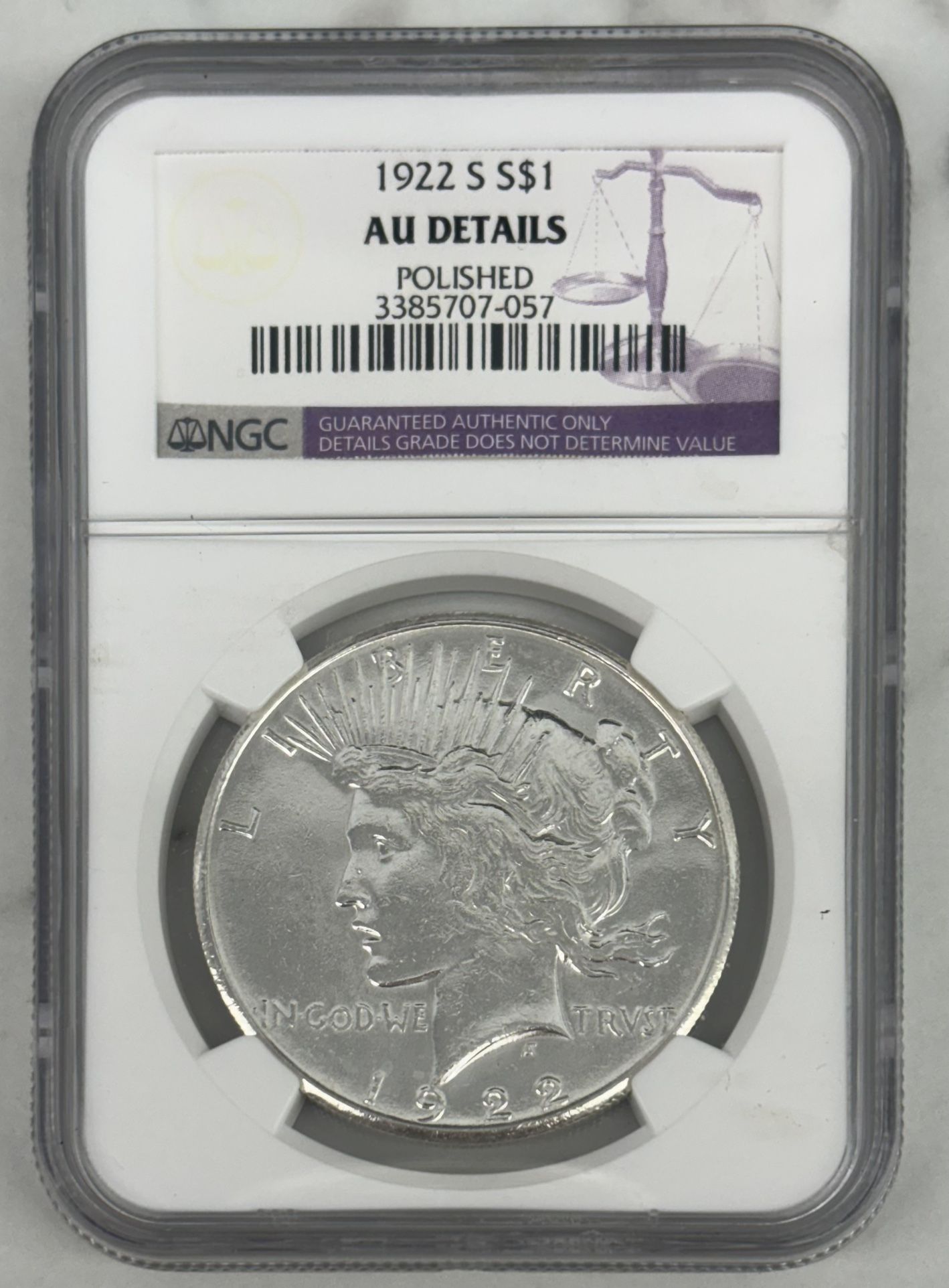 1922 S S$1 NGC PEACE DOLLAR AU DETAILS POLISHED