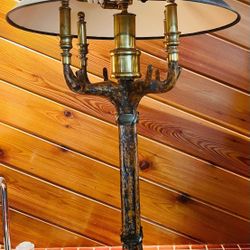 Antique Hart Associates Leather Brass Hollywood Regency Antlers Cabin Lamp