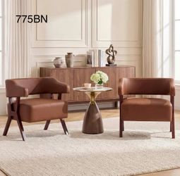 Faux Leather Barrel Accent Chair with Solid Wood Frame (Brown,2) Mid-Century Modern, Wraparound Back, Reading, Living Room, Office, Bedroom, Dorm