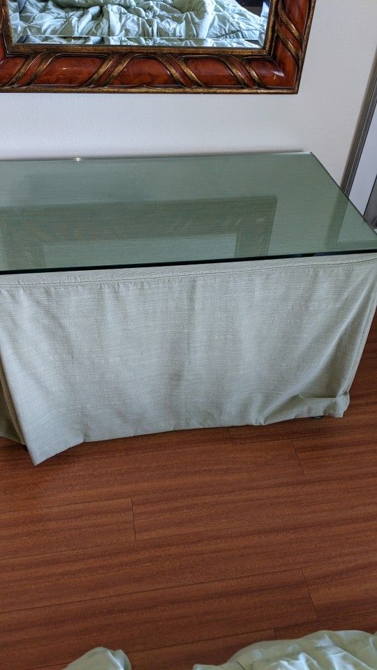Desk, Vanity, Shelf. Has a Glass Table Top