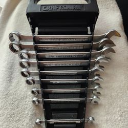 Vintage Sears Craftsman 9-piece VV Open-End/Box End Combination Wrench set with black Craftsman Holder.
Forged in the U.S.A. Like New conditions. 