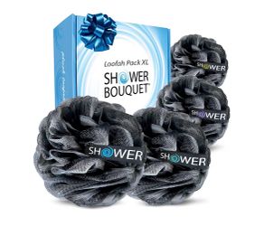 Loofah-Charcoal Bath-Sponge-4-Pack // Extra-Large 75g Soft Mesh Black.  (AF)