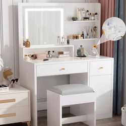 37" Vanity Desk with Mirror and Lights, LED White Vanity Set with Stool and Power Outlet, Lighted Make up Vanity Desk with Drawers and 3 Lighting Mode