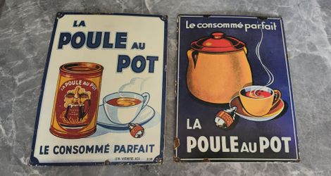 Vintage French Kitchen Decor - Poule au Pot Metal Tin Signs (Pair)