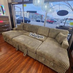 ✅️✅️3 pc Ash grey corduroy fabric sectional sofa with double storage chaise and pop up sleep area in center✅️