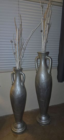 Set of 2 Silver Decorative Floor Vases (3.25 ft & 4 ft) with Fillers