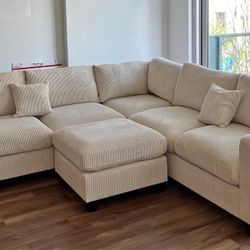 New Corduroy Sectional. Beige, Green, Grey. 99” X 99”. Free Delivery!