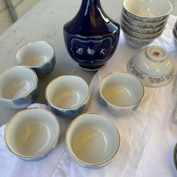 Antique Chinese Dishes, And Sake Bottle AndCups