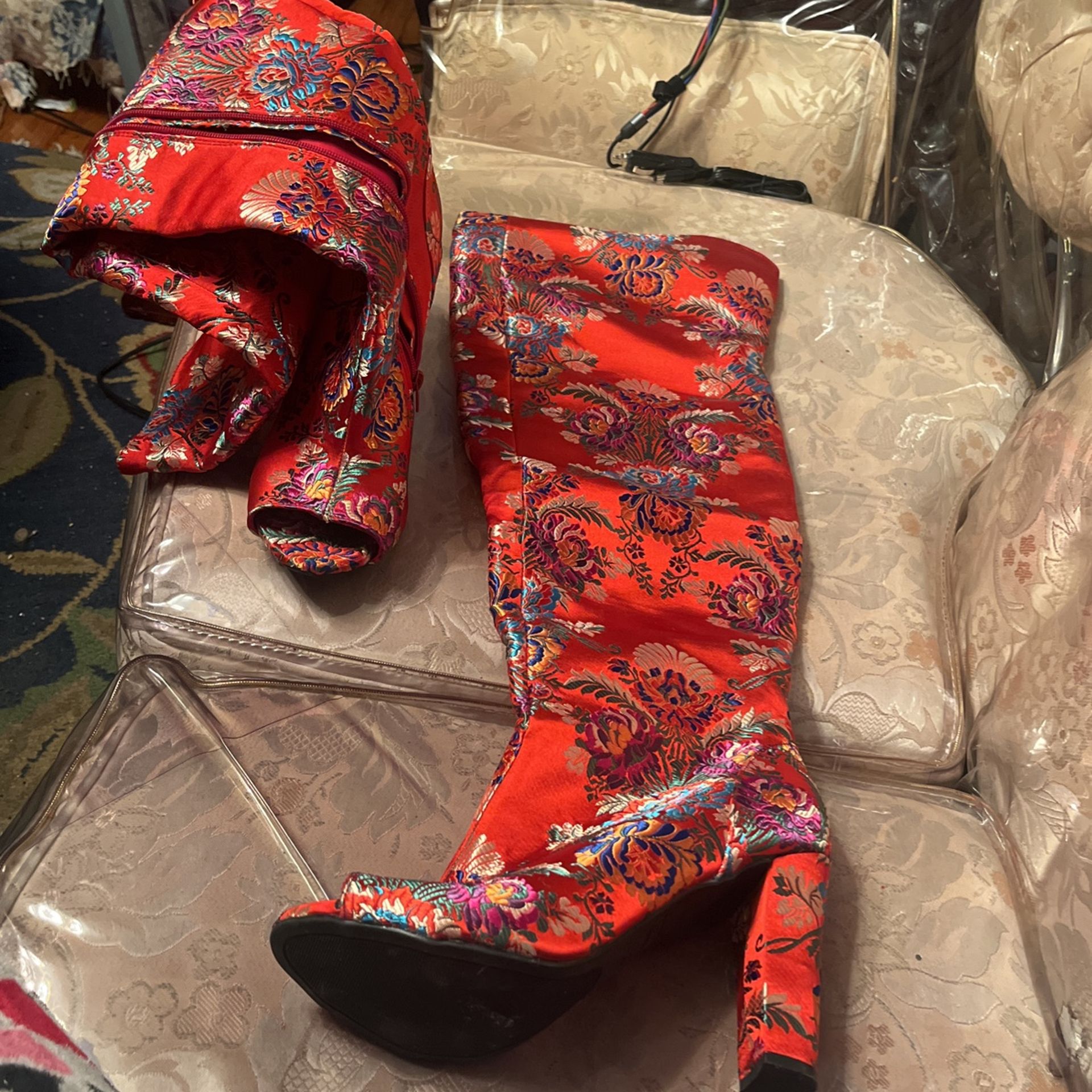 Opened Toe High Heeled Knee High Red Print Boots