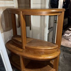 Wooden half-moon demilune console table (sunburst design). 