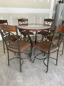 Tuscan / Mediterranean Style High-Top Dining Set (Table + 6 Bar Stools)