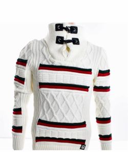 White Cable Knit Sweater with Stripe Detail