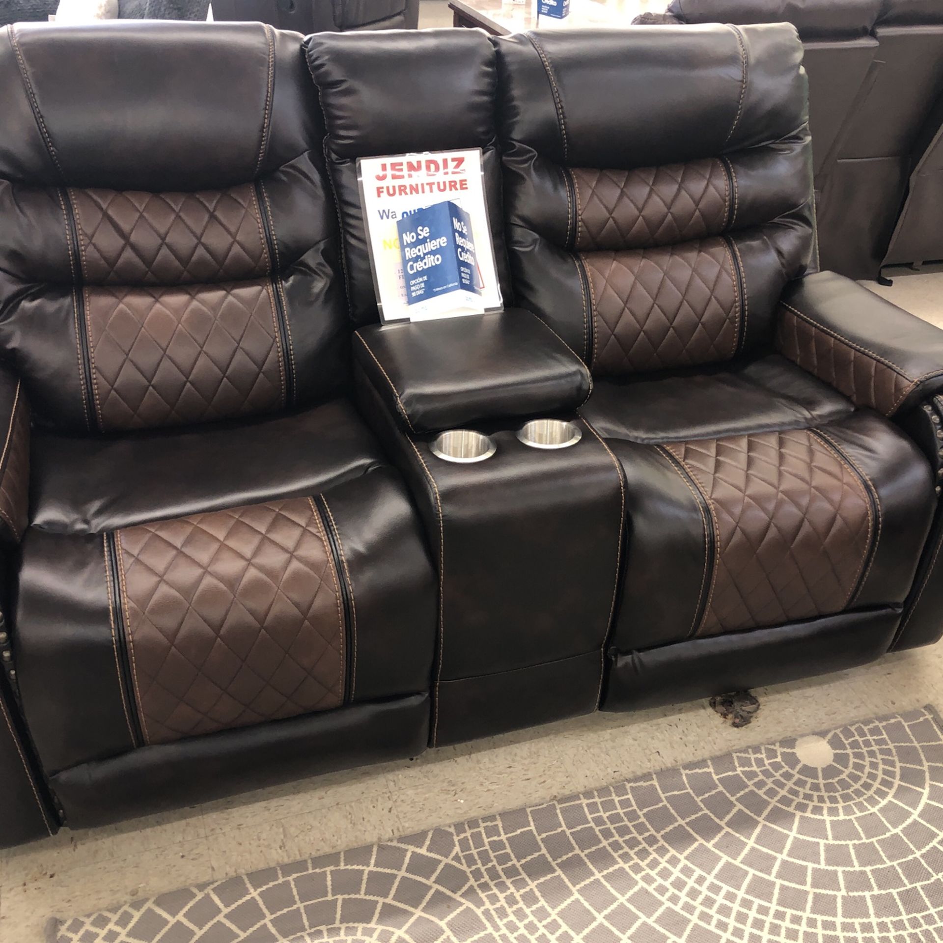 BRAND NEW SOFA LOVESEAT AND CHAIR BROWN LEATHER WITH WIRELESS CHARGER DROP DOWN TABLE ONLY $39 Take It Home 🏡 Today