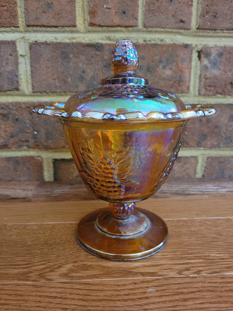 Vintage Indiana Glass Iridescent Gold Carnival Glass Filigree Covered Candy Dish/ Compote