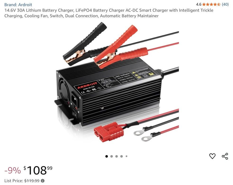 14.6V 30A Lithium Battery Charger, LiFePO4 Battery Charger AC-DC Smart Charger with Intelligent Trickle Charging, Cooling Fan, Switch, Dual Connection