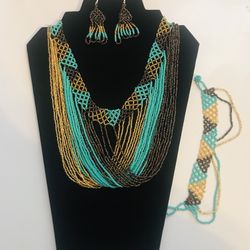 Necklace, Bracelet And Earrings Set , Joyeria Artesanal Mexicana, Jewelry, Hand Made , Huichol Art