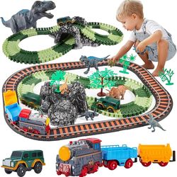 1759  DIY Dinosaur Train & Car Track Set- 144 pcs Flexible Dinosaur Track Toys Set with Dinosaurs Toys, Electric Train & Car- Adventure Set for