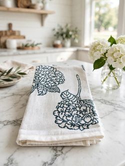 Bianca Cotton Kitchen Towels Set of 2 White Hydrangea Floral Jacquard Towels New