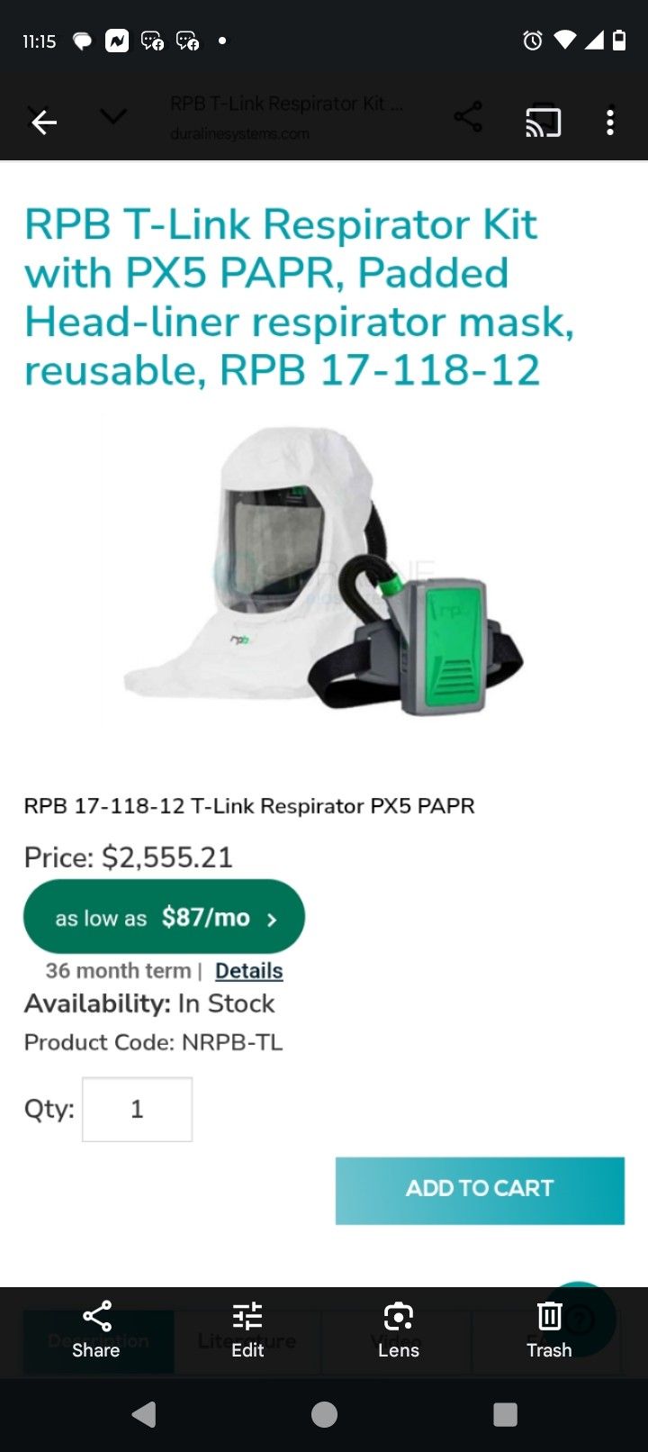 RPB 17-118-12 T-Link Respirator PX5 PAPR