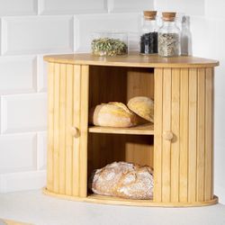 Wooden Bread Box Bamboo Bread Holder Corner Bread Keeper Storage Box Large Kitchen Organizer 