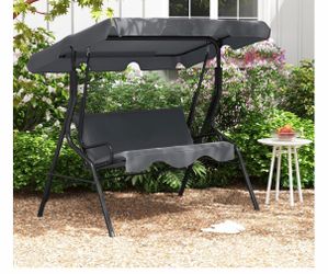 3-Person Porch Swing w/Stand Adjustable Tilt Canopy, dark gray Swing Bench, Steel Frame, Patio Garden Poolside Balcony Backyard Porch