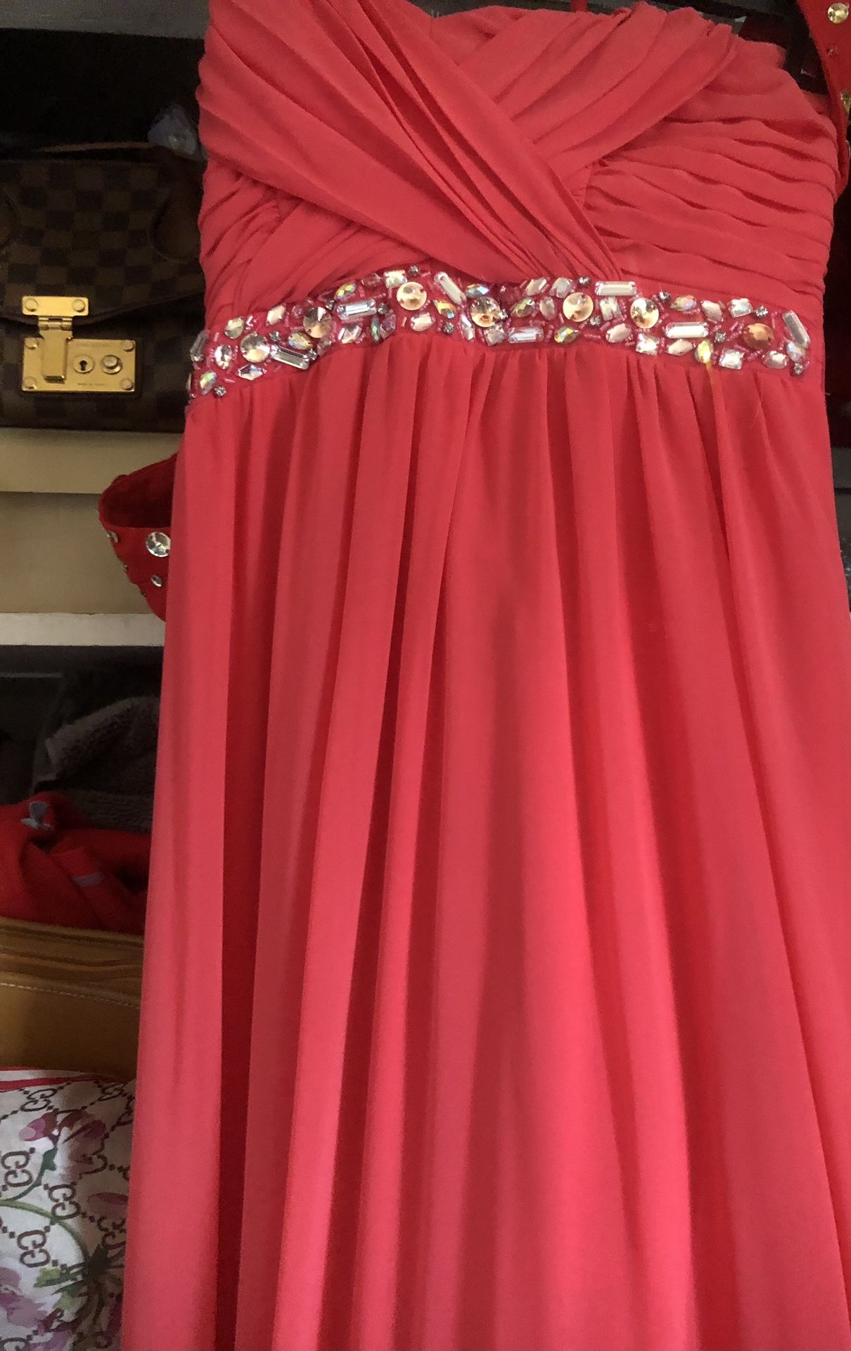 GC RED AND CORAL BLING PROM/ Military Ball Dress/BLINGY OPEN TOE SHOES 9.5/10